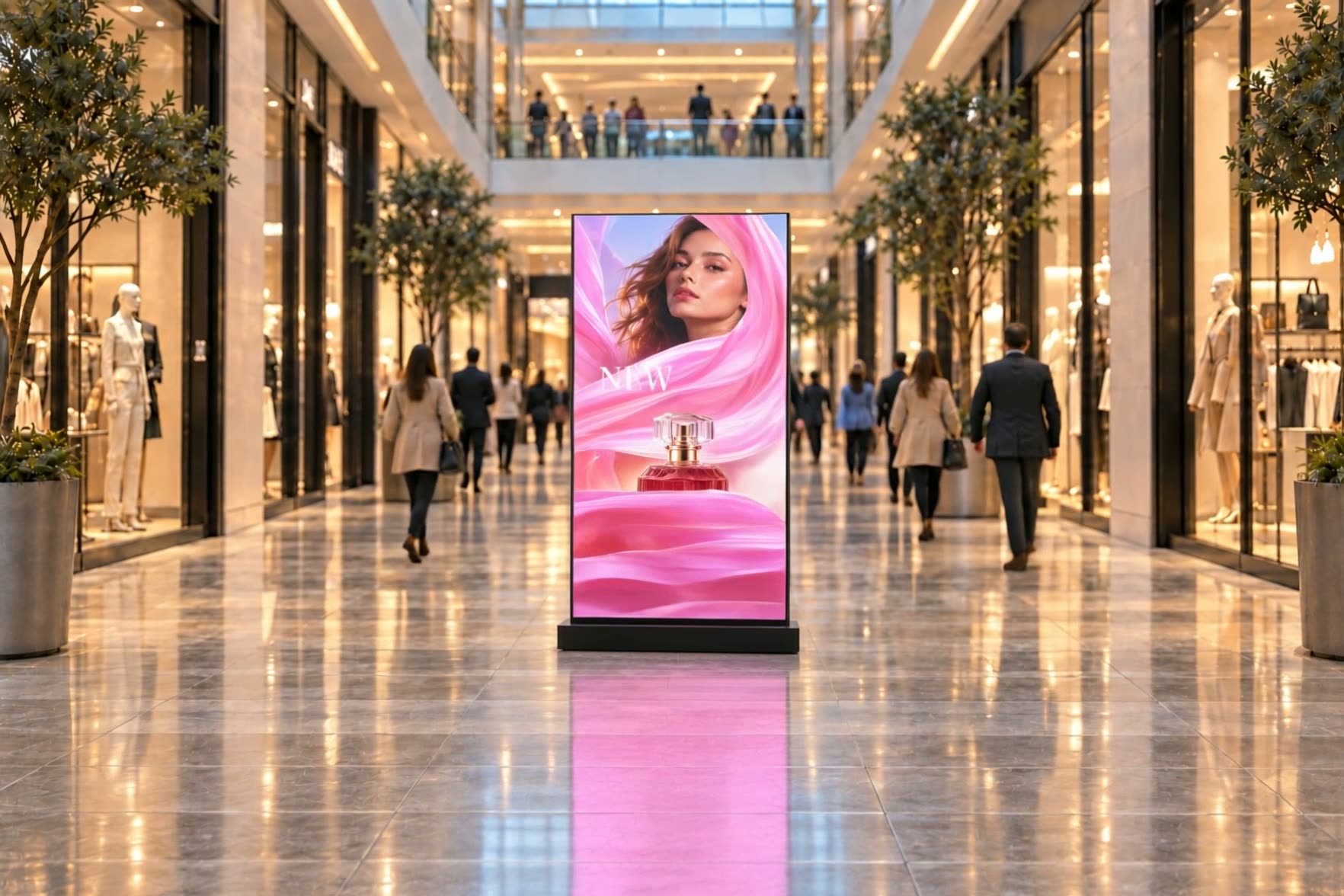 Produktová vizualizácia dvojstrannej digitálnej reklamnej plochy LumaIcon Duo v prémiovej nákupnej pasáži