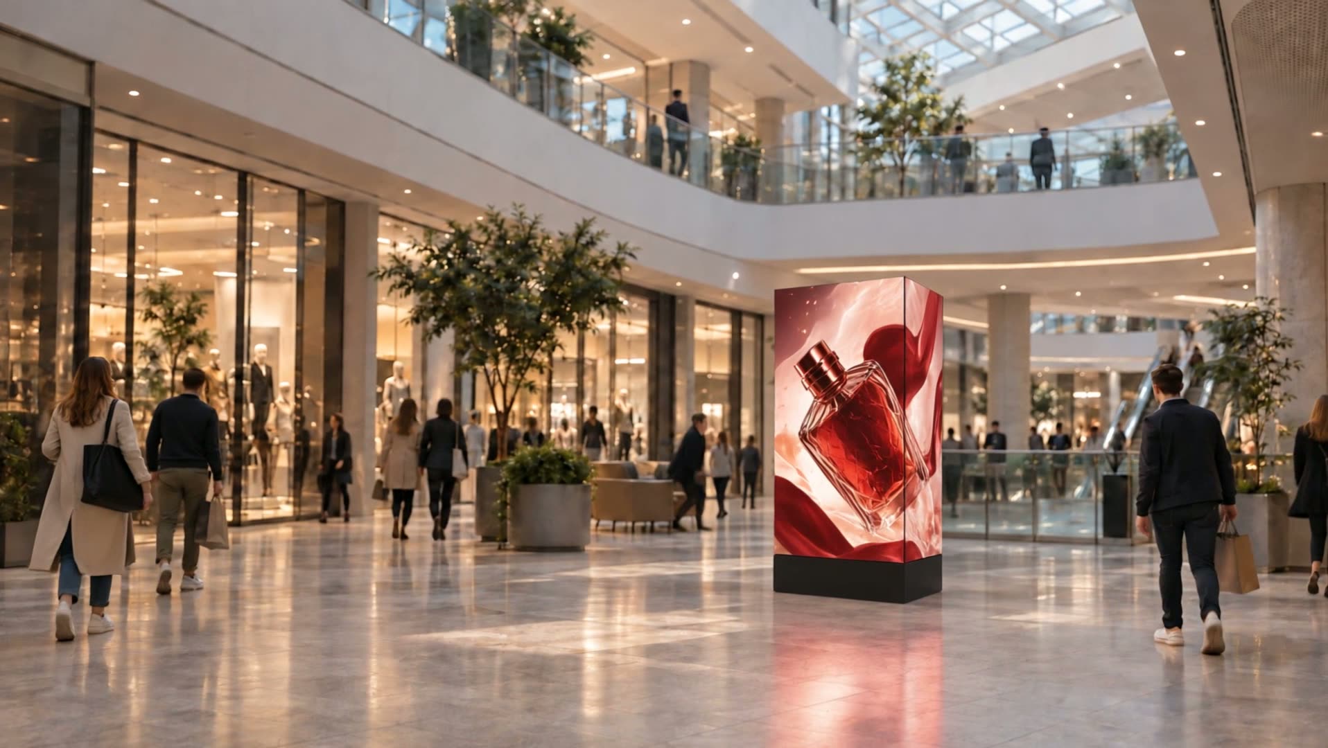 Produktová vizualizácia štvorstrannej digitálnej reklamnej plochy LumaIcon Quad v átriu nákupného centra