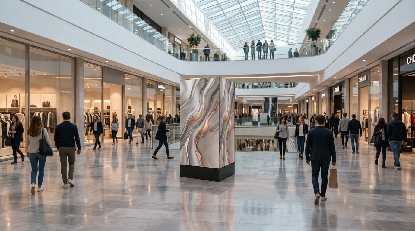 Produktová vizualizácia štvorstranného digitálneho reklamného média LumaIcon Quad v átriu nákupného centra